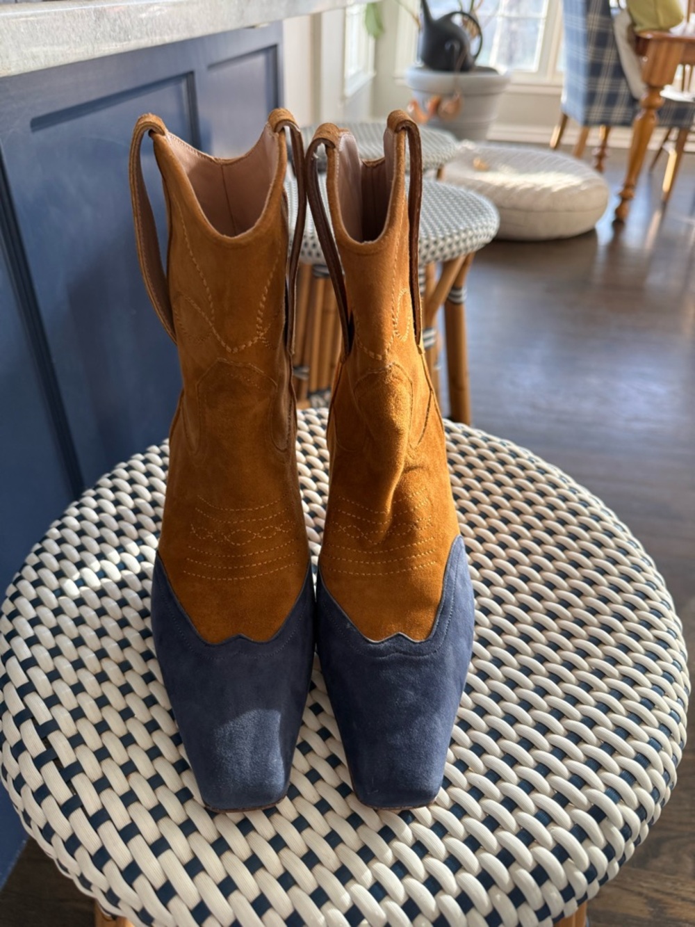 KHAITE Tan Suede Boots with Navy Detail - Picture 3 of 6